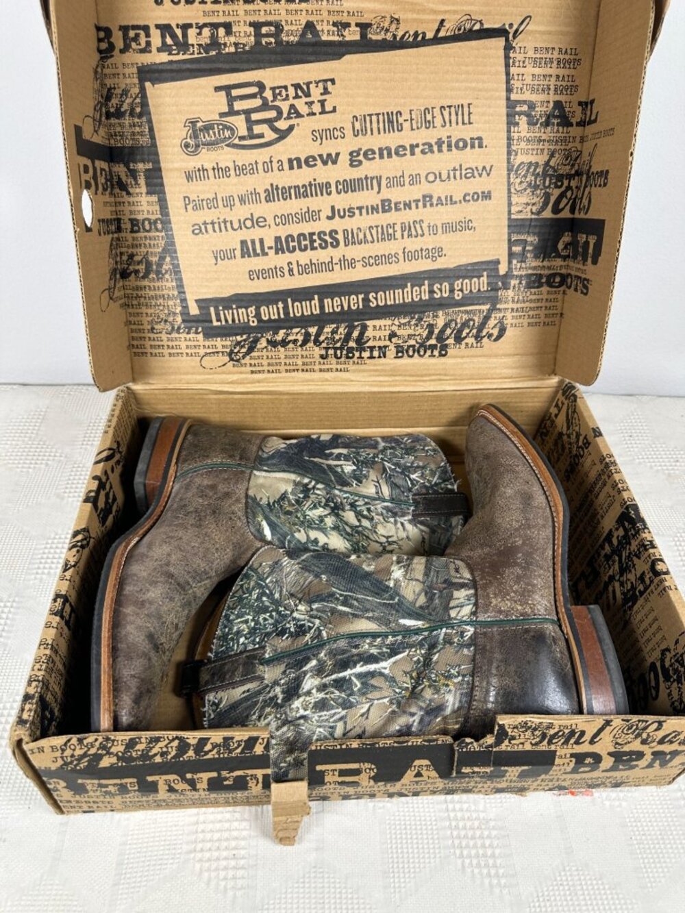 Justin Bent Rail 11" Chocolate Road Western Boots 14D Camo Leather Square Toe - Picture 3 of 8